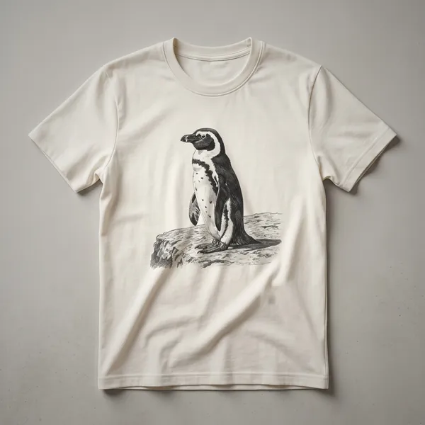 A vintage drawing of a Galapagos penguin, depicted in profile against a plain background, printed on a white t-shirt.