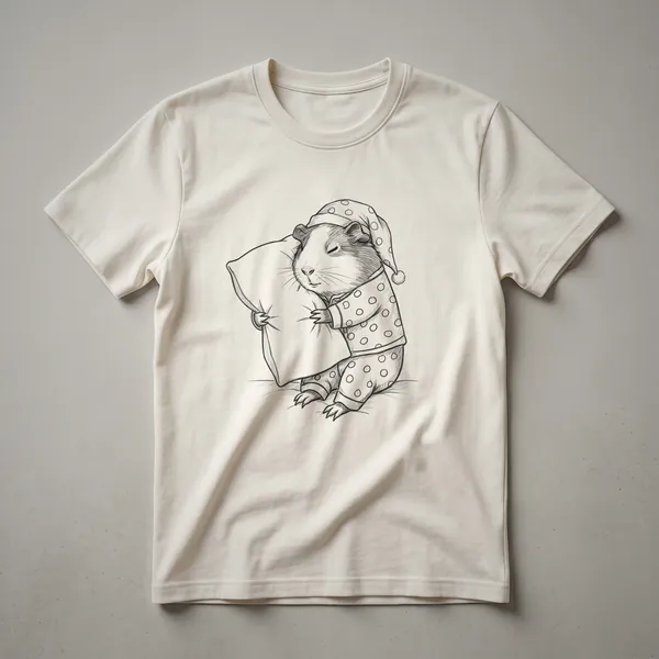 White graphic t-shirt featuring a cartoon drawing of a brown and white guinea pig wearing blue pajamas and sleeping soundly.