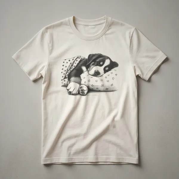 White t-shirt with a drawing of a Greater Swiss Mountain Dog wearing blue pajamas and looking sleepy, with a simple artistic style.