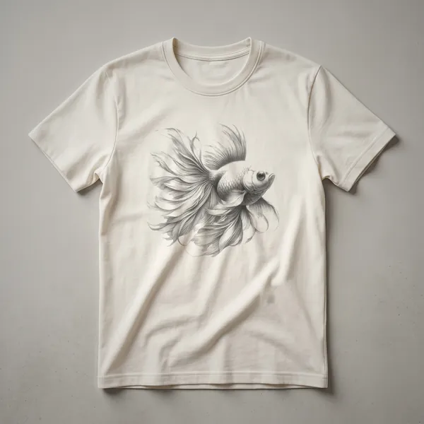 Black and white sketch of a goldfish on a white t-shirt, showcasing its fins and tail in a vintage drawing style.