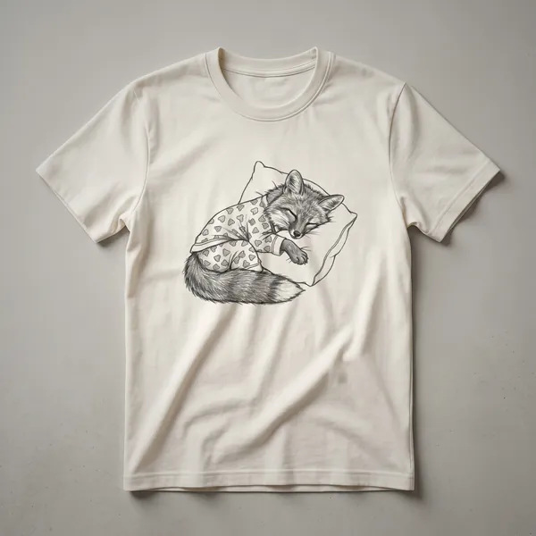 Gray t-shirt with a drawing of a gray fox sleeping peacefully, featuring soft lines and a relaxed pose.