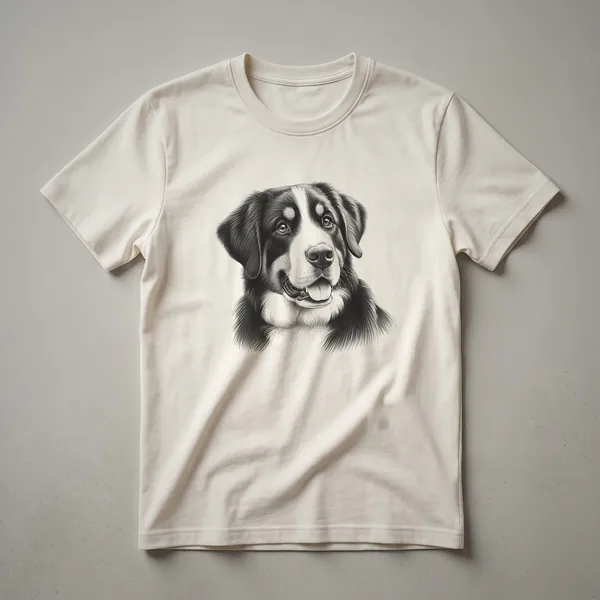 A white t-shirt featuring a black vintage-style line drawing of a Greater Swiss Mountain Dog.