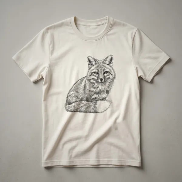 A vintage sketch art t-shirt featuring a gray fox in profile, rendered in a hand-drawn style on a heather grey garment.