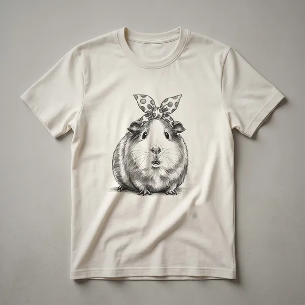 A white t-shirt with a black line drawing of a guinea pig in a vintage art style.