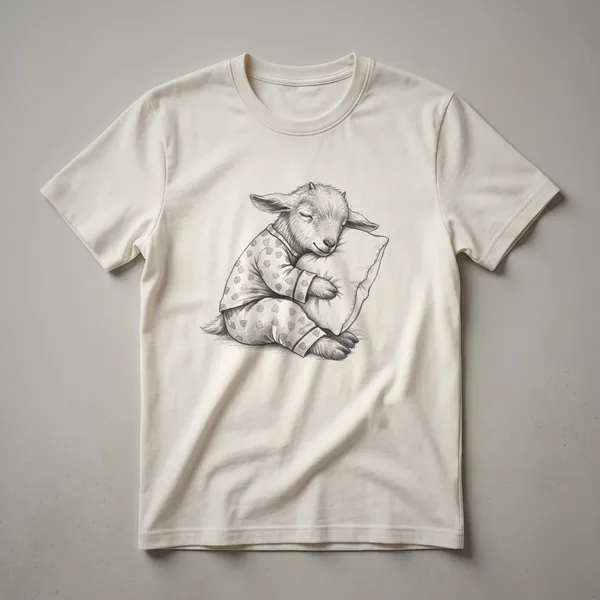 White graphic t-shirt featuring a hand-drawn illustration of a goat wearing blue striped pajamas and sleeping soundly, with closed eyes and a peaceful expression.
