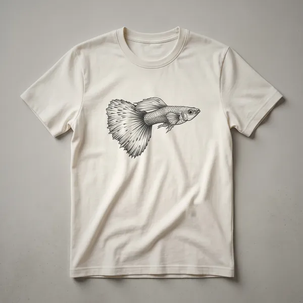 White t-shirt with a vintage black ink drawing of a guppy fish centered on the chest.