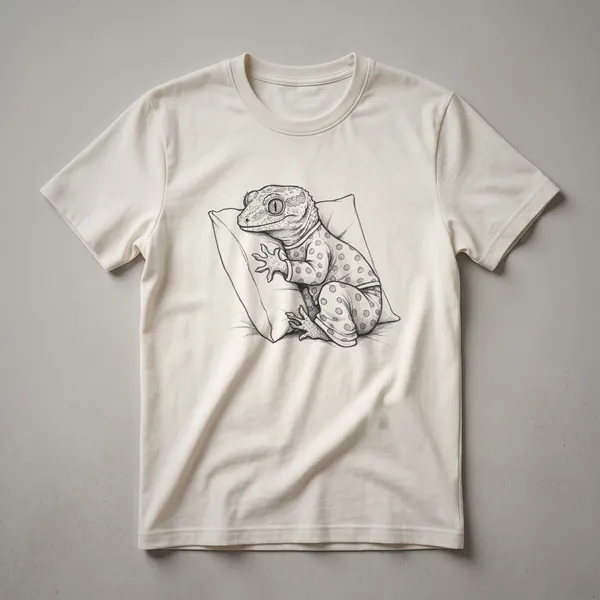 White graphic t-shirt featuring a hand-drawn illustration of a sleepy gargoyle gecko wearing blue pajamas and a nightcap, with closed eyes.