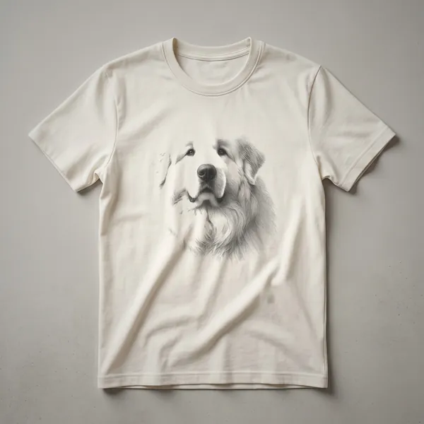 A black graphic t-shirt featuring a vintage sketch art design of a Great Pyrenees dog in profile.