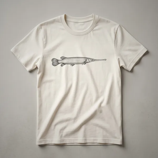 White vintage gar fish drawing art graphic t-shirt featuring a detailed profile illustration of a longnose gar with its distinctive elongated snout.