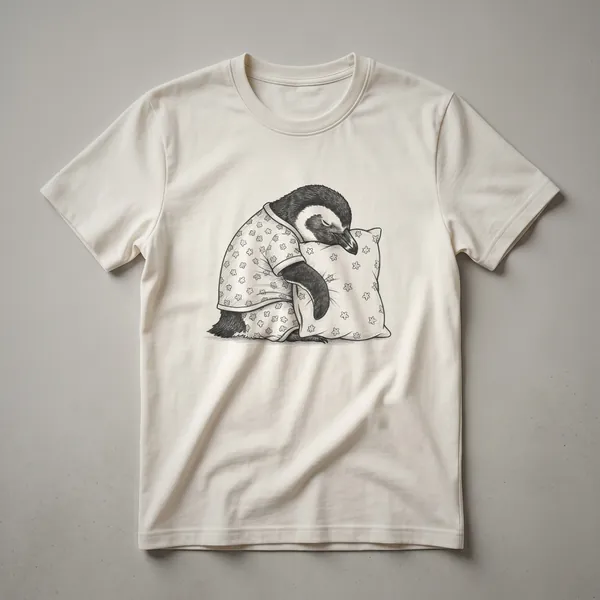 White graphic t-shirt with a hand-drawn illustration of a sleepy Galapagos penguin wearing pajamas.