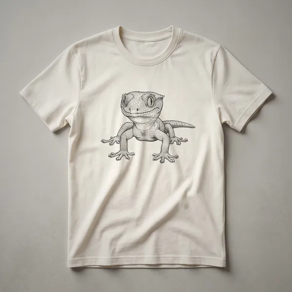 A black and white vintage drawing of a gargoyle gecko with detailed scales and large eyes, displayed on a white t-shirt.