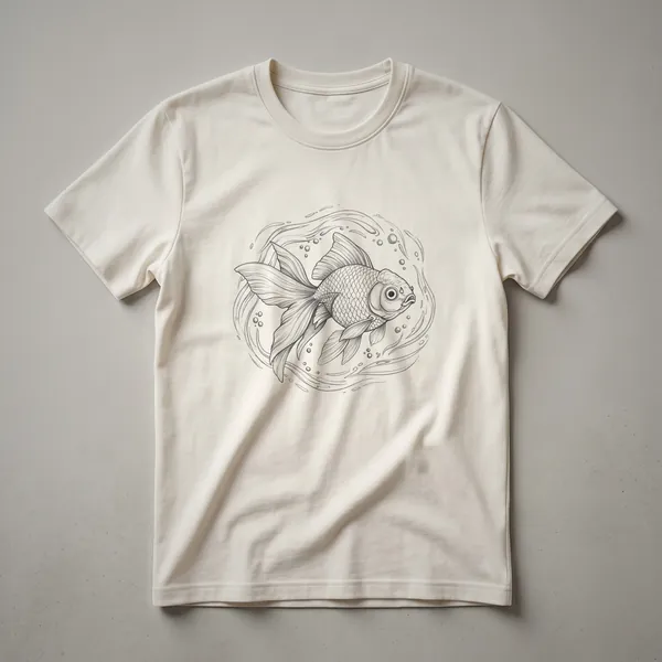 A white t-shirt featuring a vintage-style black and white drawing of a goldfish in profile, with subtle shading.