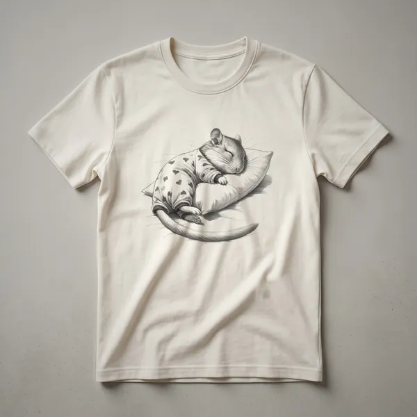 White graphic t-shirt featuring a drawing of a brown gerbil wearing blue pajamas and sleeping soundly, with a vintage art style.
