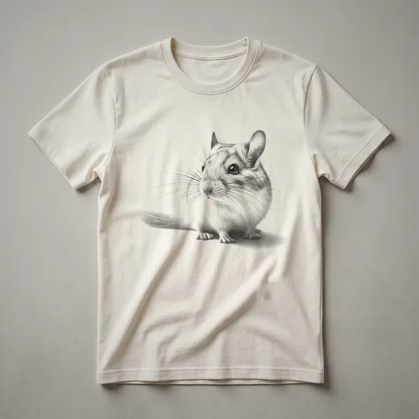 A black and white vintage line drawing of a gerbil is printed on the front of a t-shirt. The drawing is detailed and captures the rodent's form.