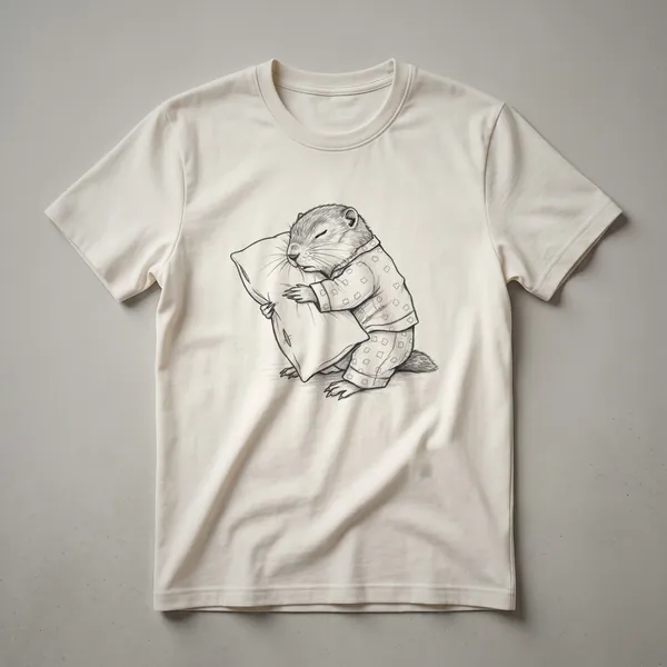 White graphic t-shirt featuring a hand-drawn illustration of a brown gopher wearing blue striped pajamas and sleeping soundly.