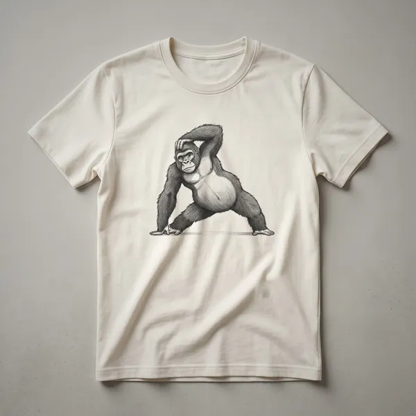 Black graphic t-shirt featuring a stylized drawing of a gorilla in a yoga pose, rendered in a sketch-like art style.