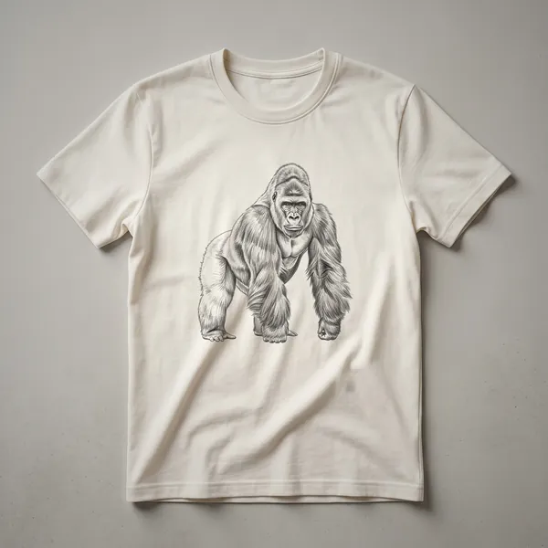 Black and white vintage sketch of a gorilla's face, showcasing its powerful expression, printed on a t-shirt.
