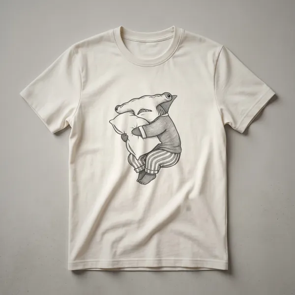 White graphic t-shirt featuring a drawing of a hammerhead shark wearing blue and white striped pajamas, with its eyes closed.