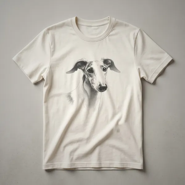 Black and white line drawing of a greyhound in profile on a white t-shirt, showcasing its lean physique and elegant posture.
