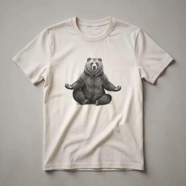White graphic t-shirt featuring a drawing of a grizzly bear in a yoga pose, with the bear in a seated, meditative position.