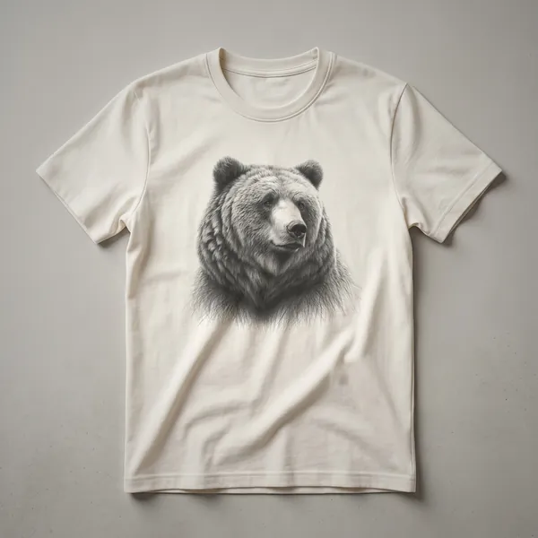 A black and white sketch of a grizzly bear in profile, printed on a dark heather grey t-shirt.