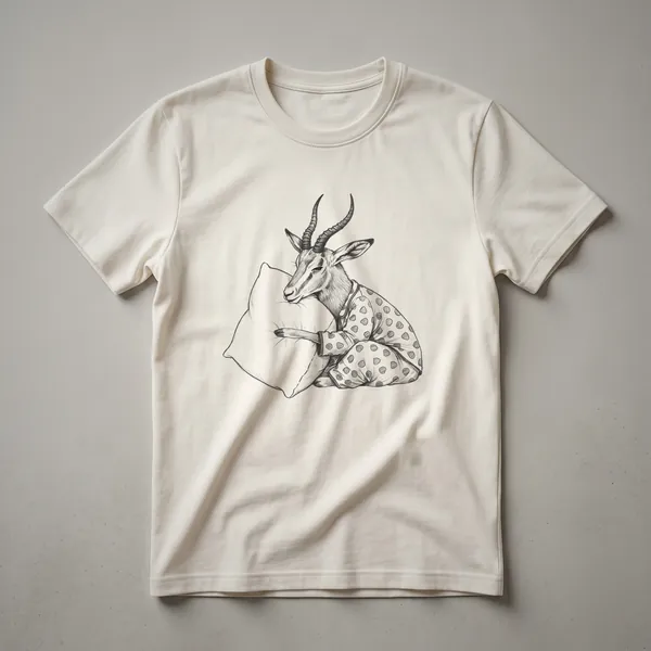 A vintage drawing of a gazelle wearing striped pajamas, printed on a white t-shirt.