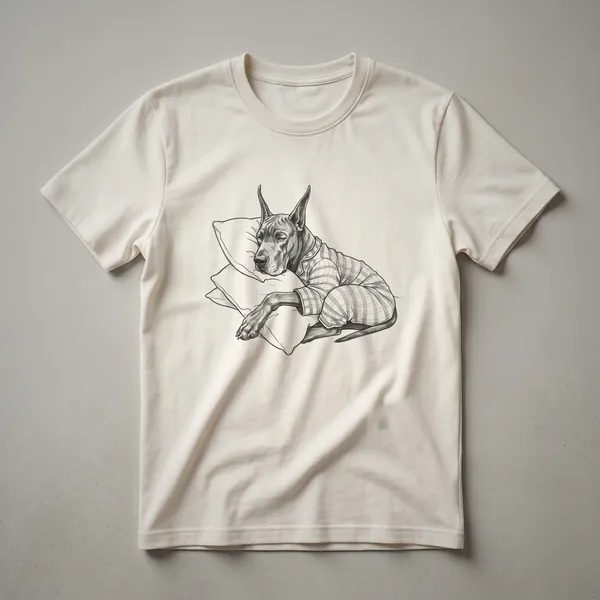 Black and white line art t-shirt featuring a Great Dane dog wearing pajamas and lying down in a sleepy pose.