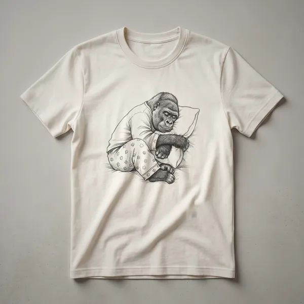 White graphic t-shirt featuring a drawing of a sleepy gorilla wearing blue striped pajamas and a nightcap, with closed eyes and a peaceful expression.