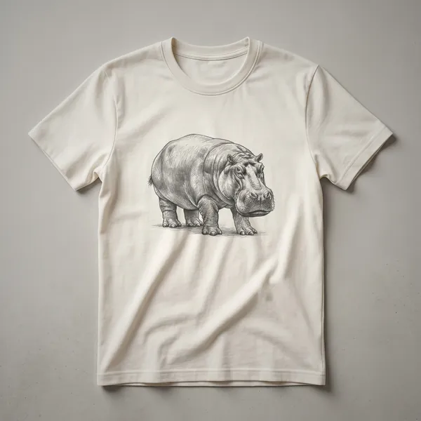 Black and white vintage hippo line drawing graphic t-shirt for wildlife enthusiasts.
