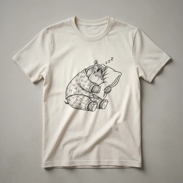 A white t-shirt featuring a black line drawing of a sleeping hippopotamus wearing pajamas.