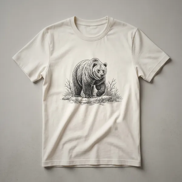 A vintage-style graphic t-shirt featuring a detailed drawing of a grizzly bear standing in a mountainous forest landscape, printed on a heather grey shirt.