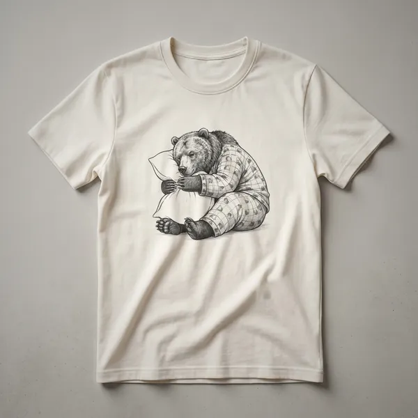 A white graphic t-shirt featuring a hand-drawn illustration of a sleepy grizzly bear wearing blue striped pajamas and a nightcap, with closed eyes and a relaxed expression.