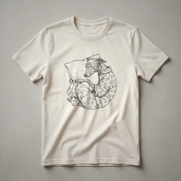 White t-shirt with a vintage-style drawing of a greyhound dog sleeping peacefully while wearing pajamas.