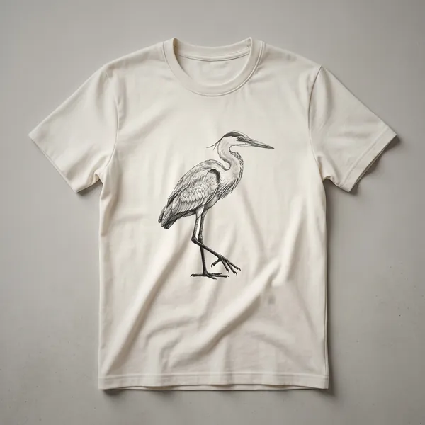 A white graphic t-shirt featuring a vintage, hand-drawn illustration of a heron in profile, depicted with delicate lines and a classic aesthetic.