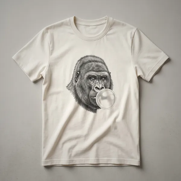 White graphic t-shirt featuring a sketch drawing of a gorilla blowing a pink bubblegum bubble.