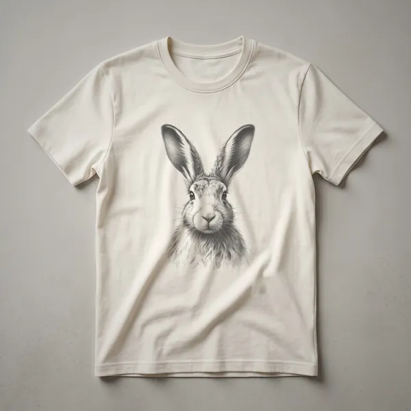 Black and white vintage line drawing of a hare's face on a t-shirt, showcasing its alert expression and detailed linework.