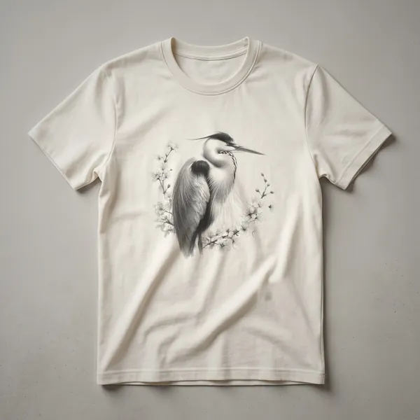 A black and white vintage line drawing of a heron standing in water, printed on a t-shirt.
