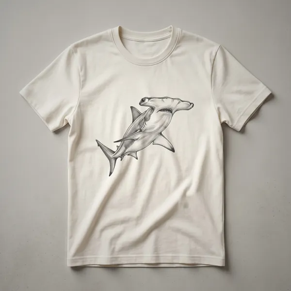 A black t-shirt featuring a vintage-style drawing of a hammerhead shark in profile, rendered in shades of grey and white.