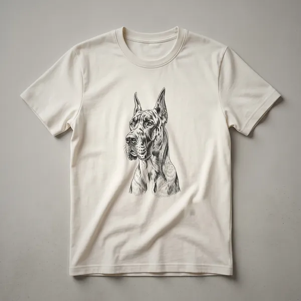Black and white sketch of a Great Dane dog's head, showcasing its noble expression, on a t-shirt.