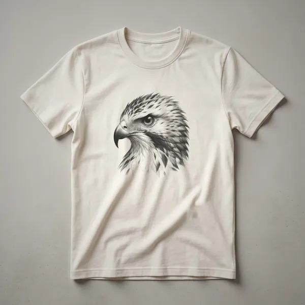 Black and white vintage drawing of a hawk's head on a t-shirt, showcasing detailed linework and a profile view.