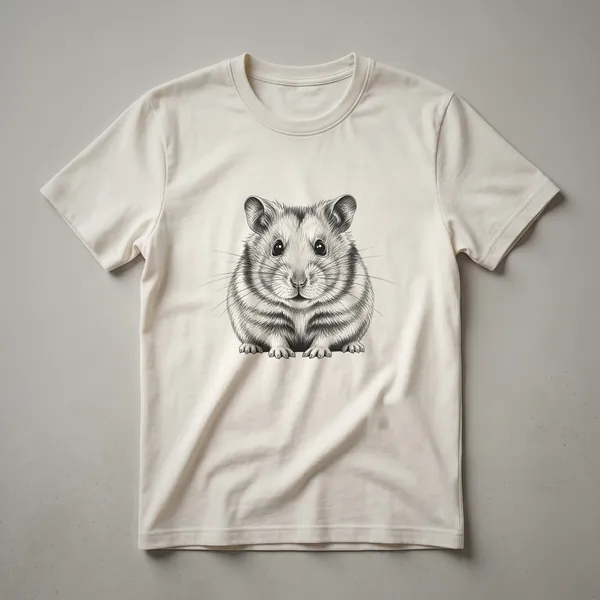 A black and white vintage drawing of a hamster in profile, displayed on a white t-shirt, showcasing detailed linework.