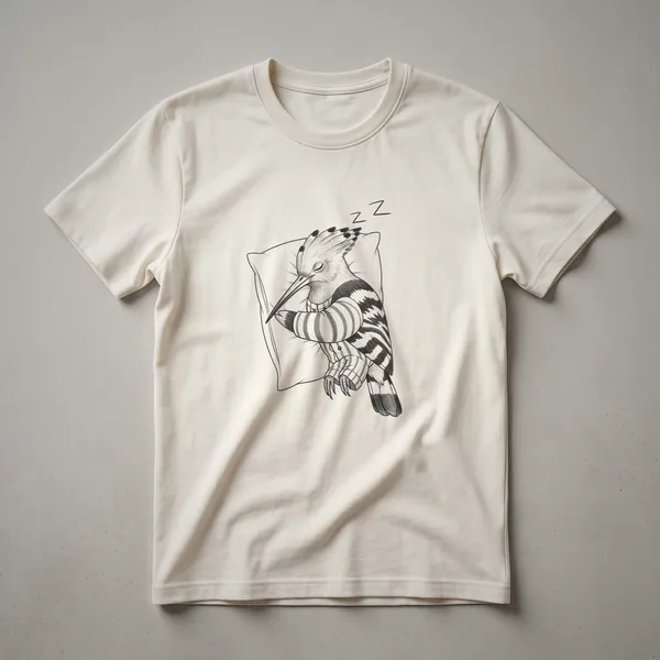 White graphic t-shirt featuring a hand-drawn illustration of a Hoopoe bird wearing striped pajamas and looking sleepy, with its crest raised.
