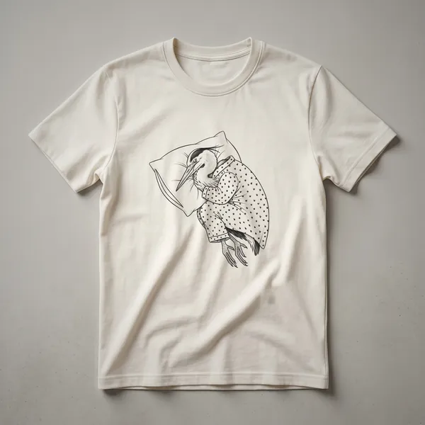 Black t-shirt featuring a minimalist white line drawing of a heron wearing striped pajamas, looking sleepy.