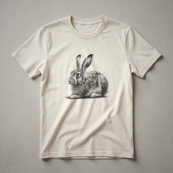 A black and white vintage sketch of a hare on a t-shirt. The hare is depicted in profile with fine line details, giving it an artistic and classic appearance.