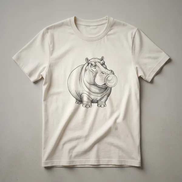 White graphic t-shirt featuring a cartoon hippopotamus with its mouth open, chewing pink bubblegum in a hand-drawn art style.