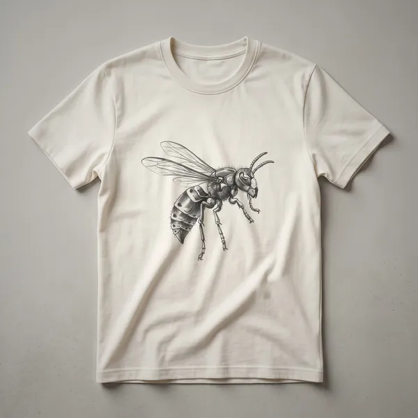 A black graphic t-shirt featuring a vintage line drawing of a hornet in profile, with detailed wings and body.