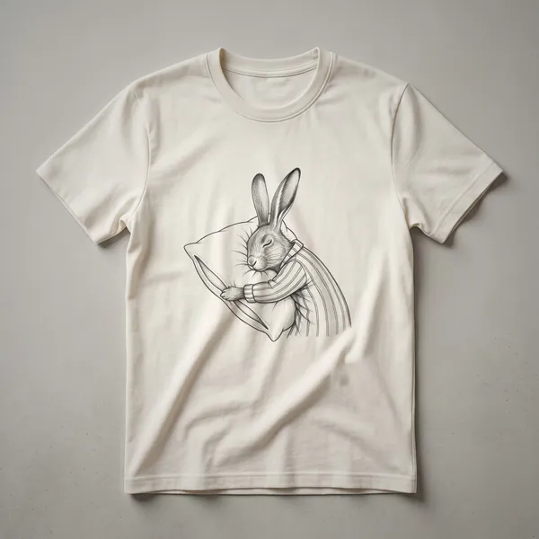 White graphic t-shirt featuring a vintage-style drawing of a sleeping hare in a relaxed pose, with subtle artistic details.