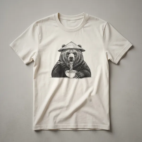Black t-shirt with a drawing of a cartoon grizzly bear sitting and eating ramen noodles from a bowl, with chopsticks.
