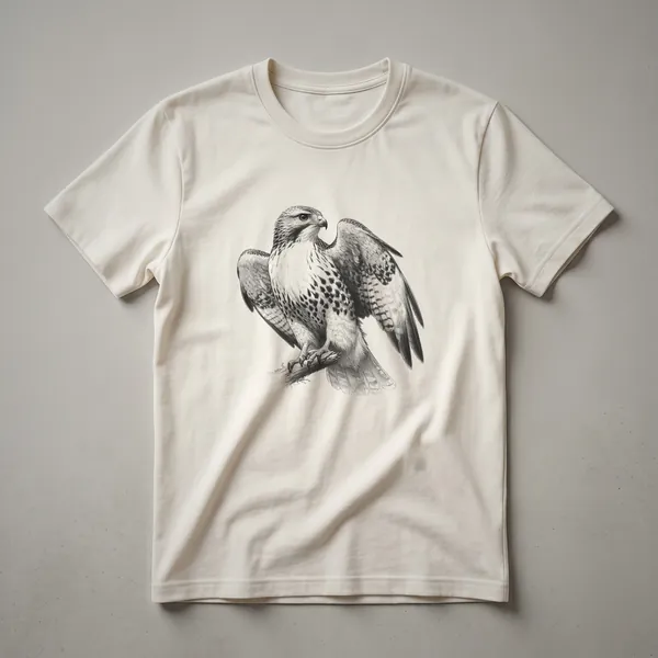 Black and white vintage drawing of a hawk in flight, depicted on a white t-shirt, showcasing its wingspan and sharp details.