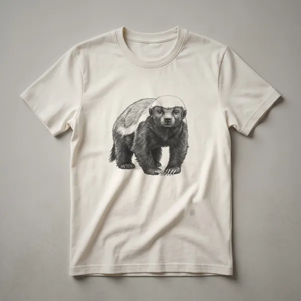 A vintage-style black and white line drawing of a honey badger on a white t-shirt.